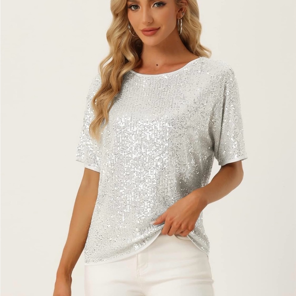 Silver Sequin Flutter Sleeve Blouse